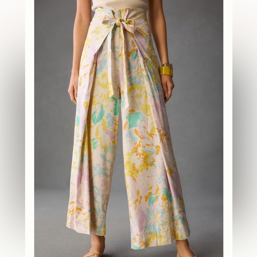 MAEVE Wide-Leg Linen Wrap Pants in Lilac